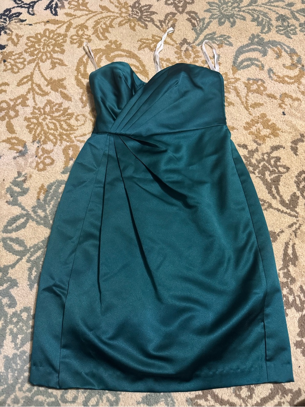 David's Bridal Green Satin Mini Dress with Sweetheart Neckline
